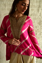Shabana pink Leheriya with Ivory Cowl Skirt