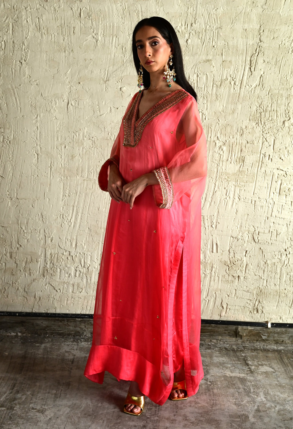 Ghevar Waahida Kaftan in Pink Ombre Organza with Satin Silk Slip with Pink Silk Pant