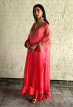 Ghevar Waahida Kaftan in Pink Ombre Organza with Satin Silk Slip with Pink Silk Pant
