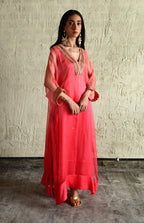 Ghevar Waahida Kaftan in Pink Ombre Organza with Satin Silk Slip with Pink Silk Pant