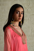 Ghevar Waahida Kaftan in Pink Ombre Organza with Satin Silk Slip with Pink Silk Pant