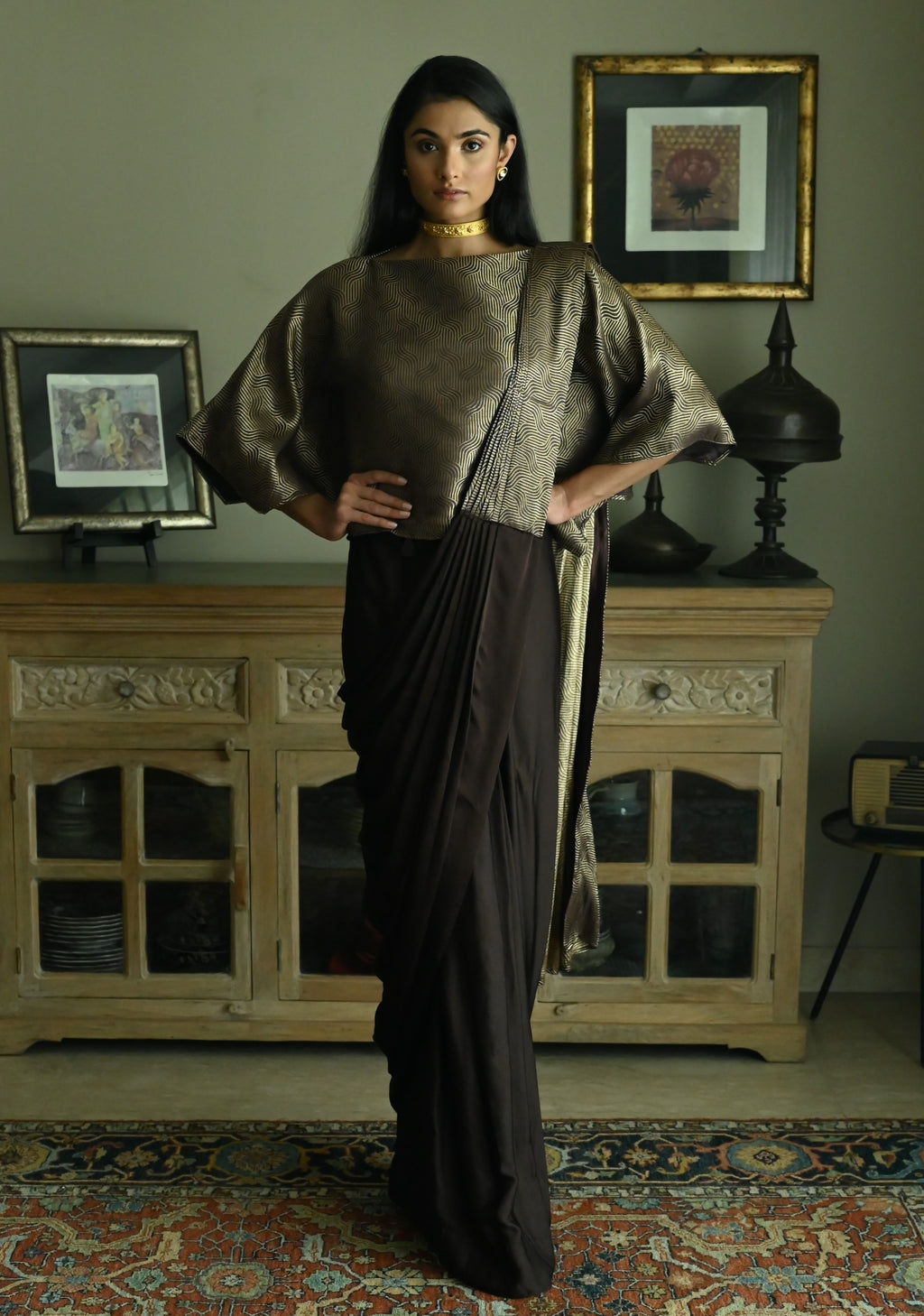 Brown Satin Silk Ready-to-Wear Saree w batwing blouse