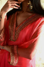 Ghevar Waahida Kaftan in Pink Ombre Organza with Satin Silk Slip with Pink Silk Pant