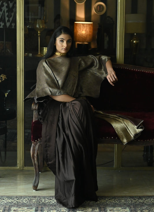 Brown Satin Silk Ready-to-Wear Saree
