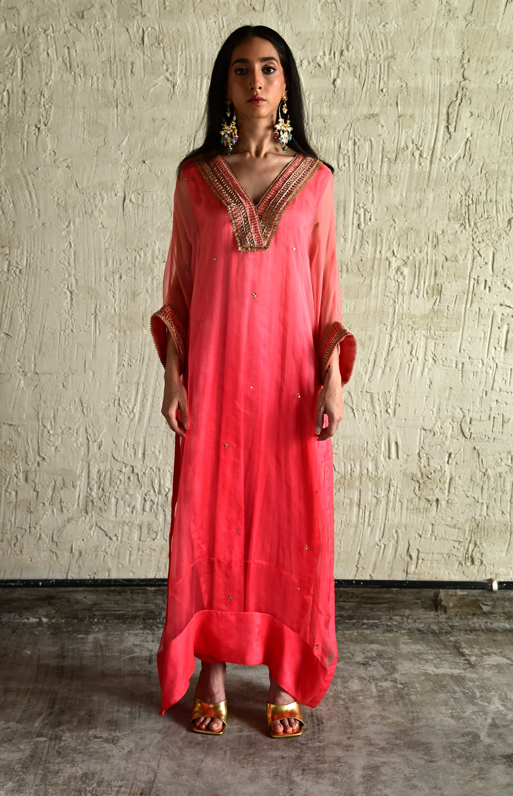 Ghevar Waahida Kaftan in Pink Ombre Organza with Satin Silk Slip with Pink Silk Pant