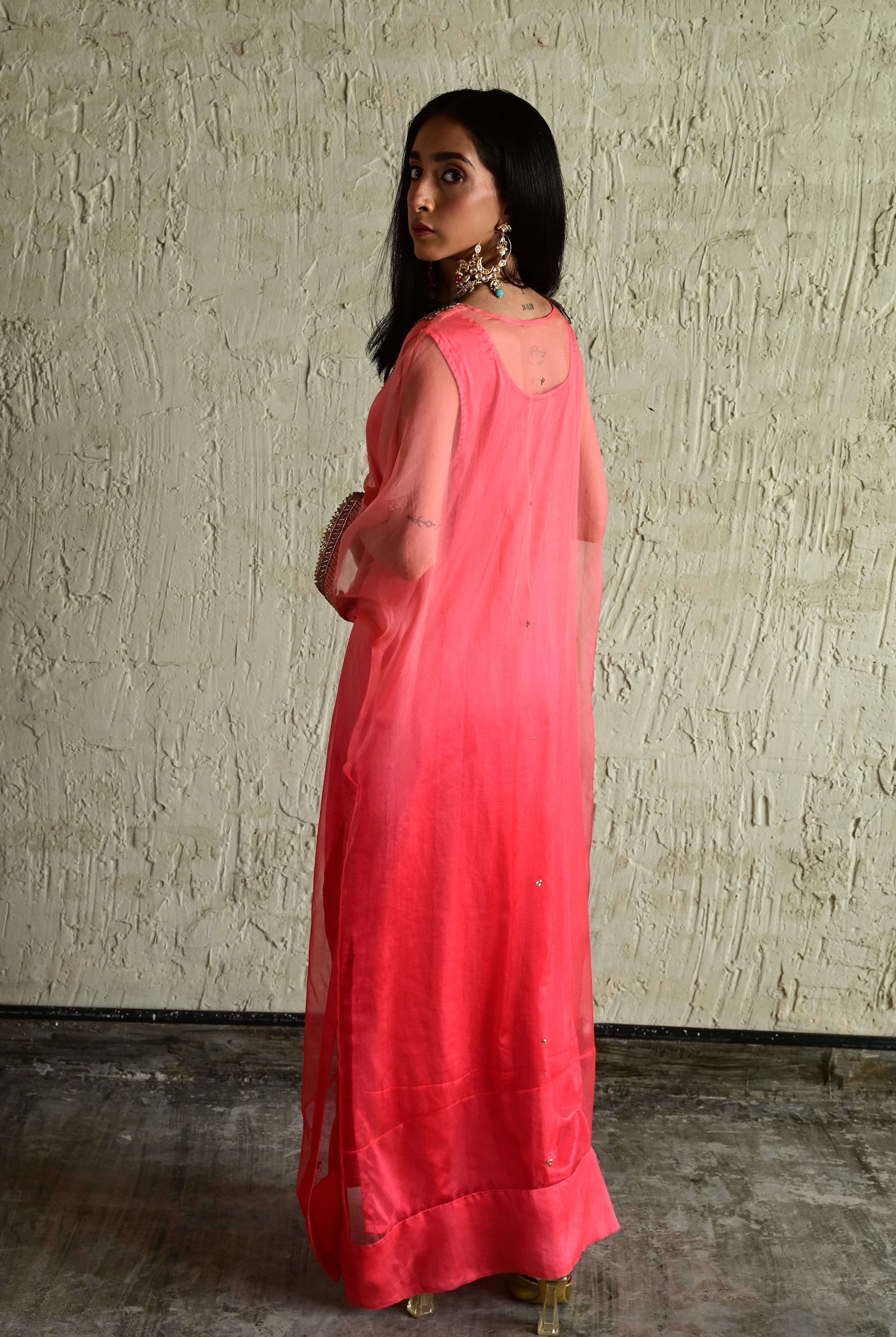 Ghevar Waahida Kaftan in Pink Ombre Organza with Satin Silk Slip with Pink Silk Pant