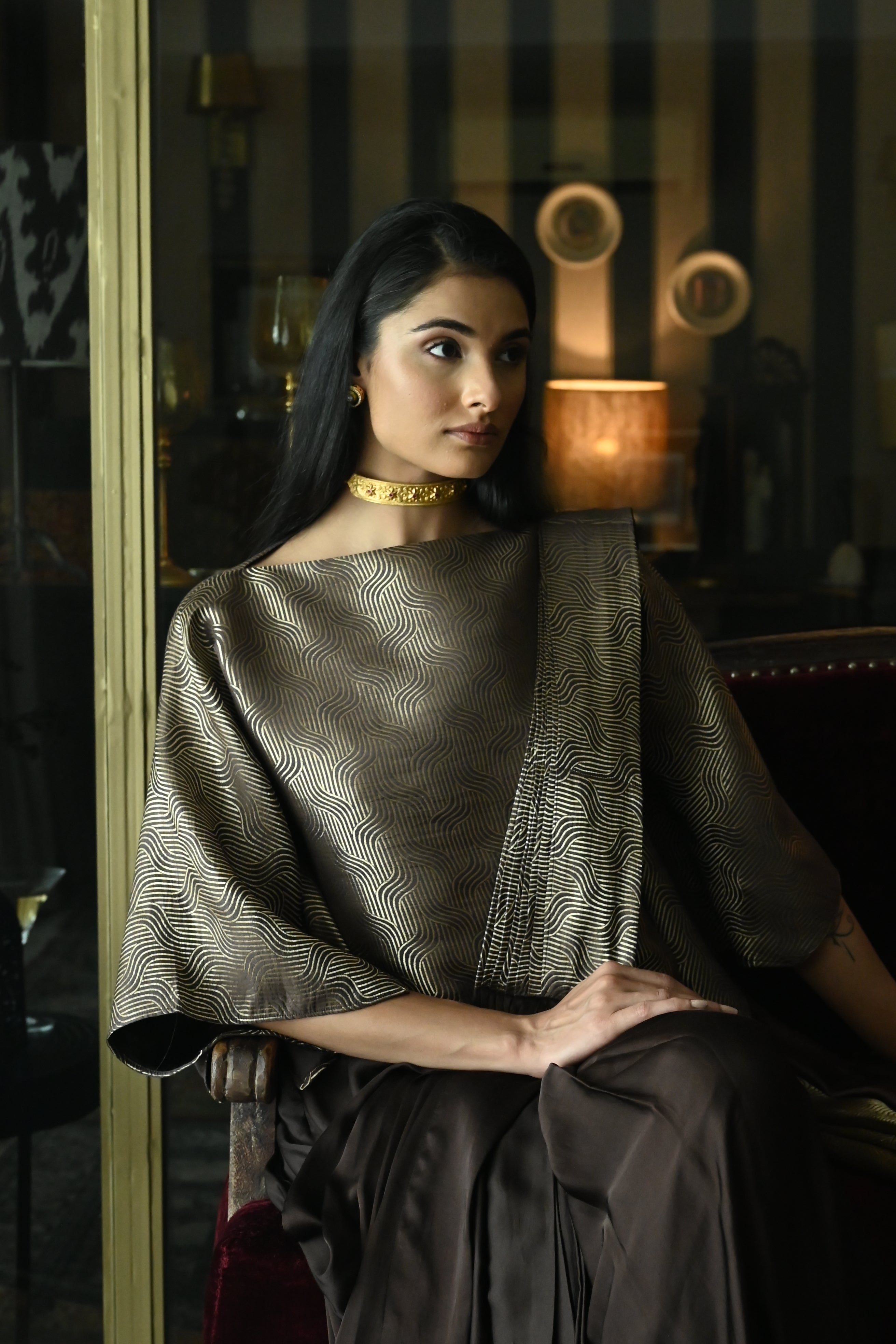 Brown Satin Silk Ready-to-Wear Saree w batwing blouse