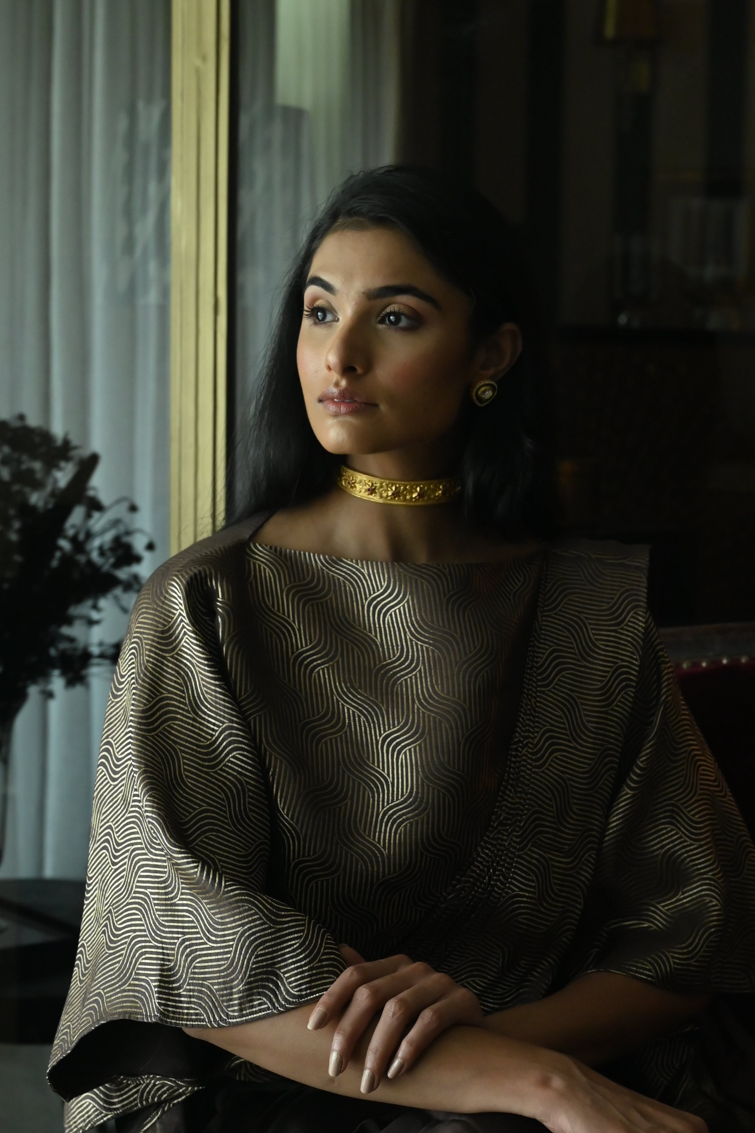 Brown Satin Silk Ready-to-Wear Saree w batwing blouse