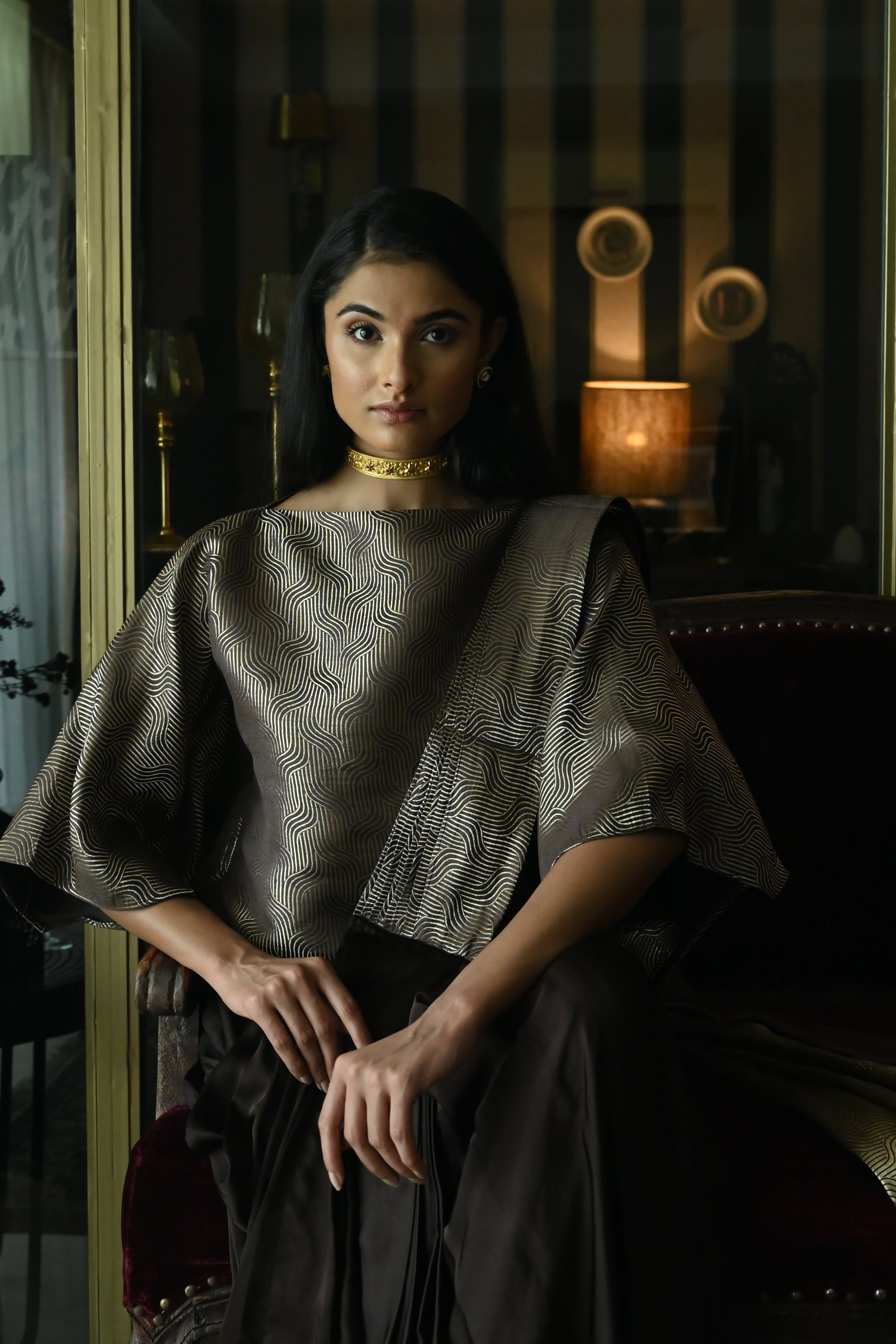 Brown Satin Silk Ready-to-Wear Saree w batwing blouse