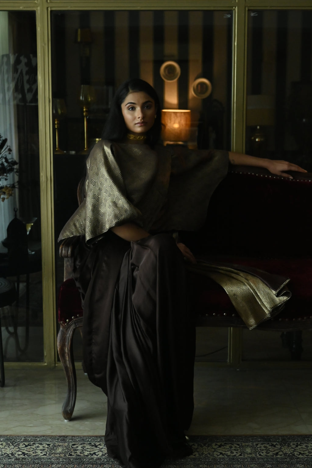 Brown Satin Silk Ready-to-Wear Saree w batwing blouse