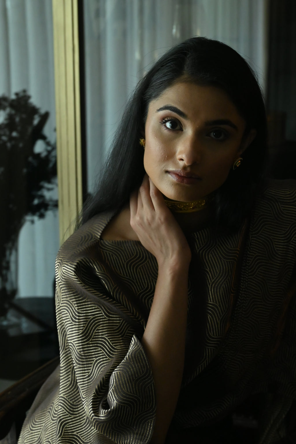 Brown Satin Silk Ready-to-Wear Saree w batwing blouse