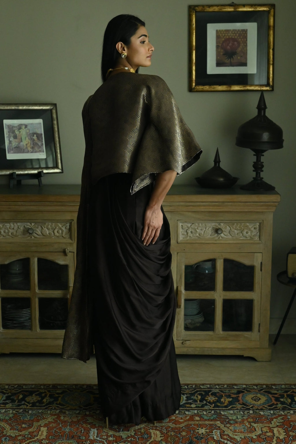 Brown Satin Silk Ready-to-Wear Saree w batwing blouse