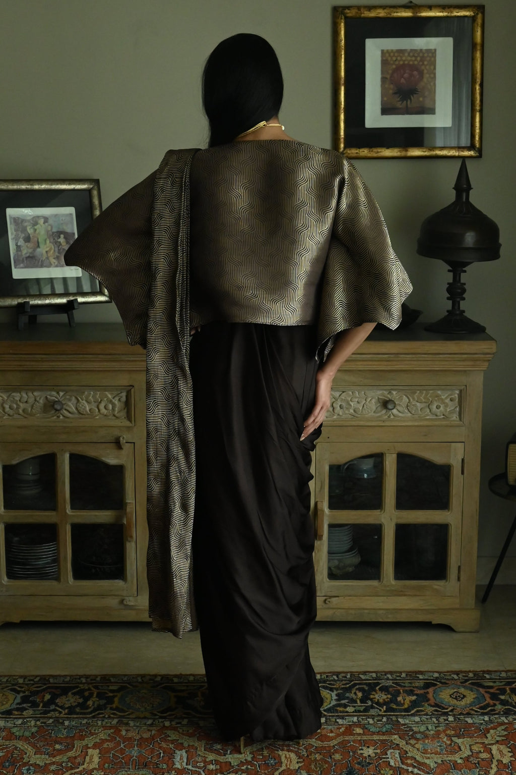 Brown Satin Silk Ready-to-Wear Saree w batwing blouse