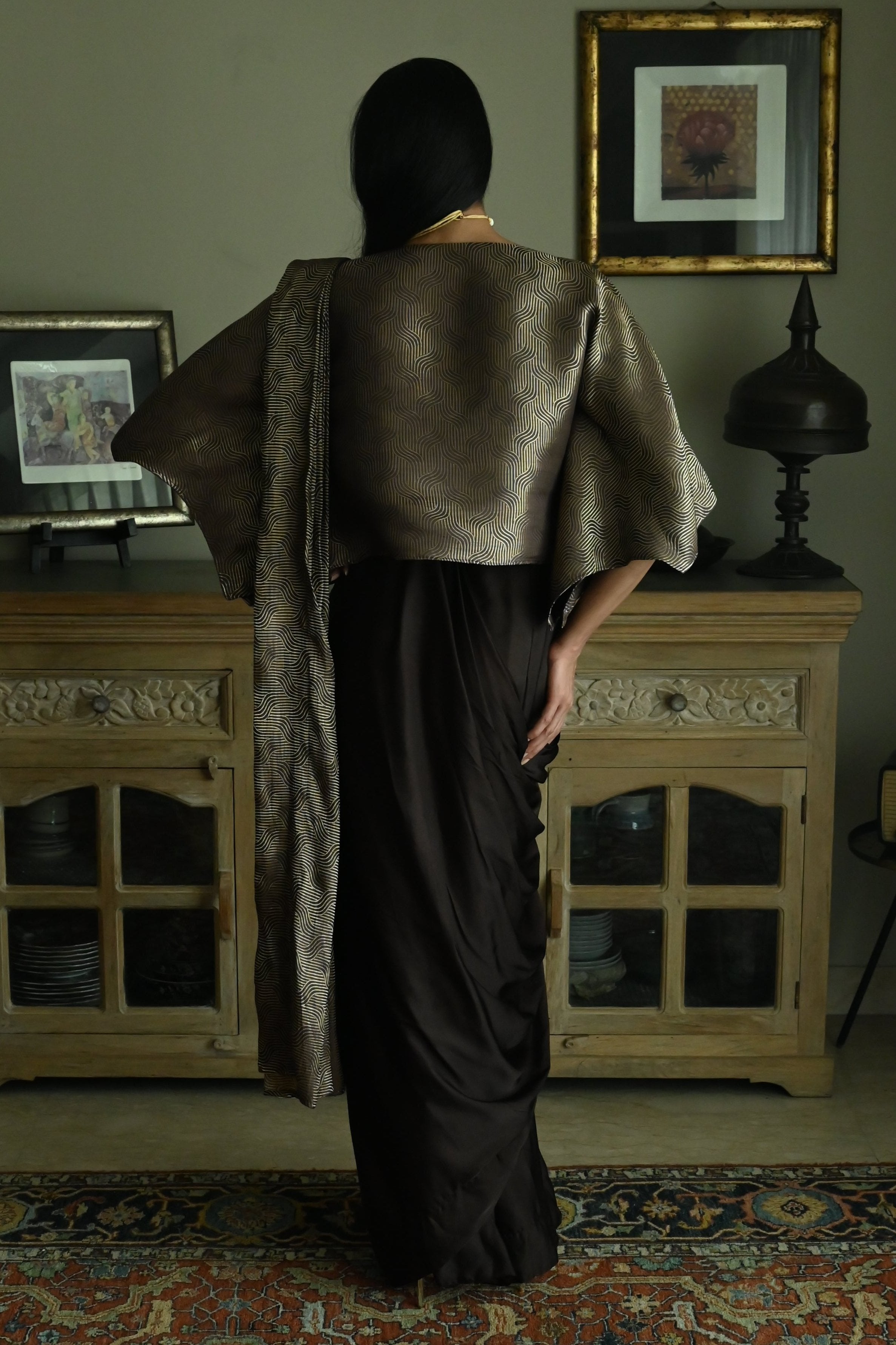 Brown Satin Silk Ready-to-Wear Saree w batwing blouse