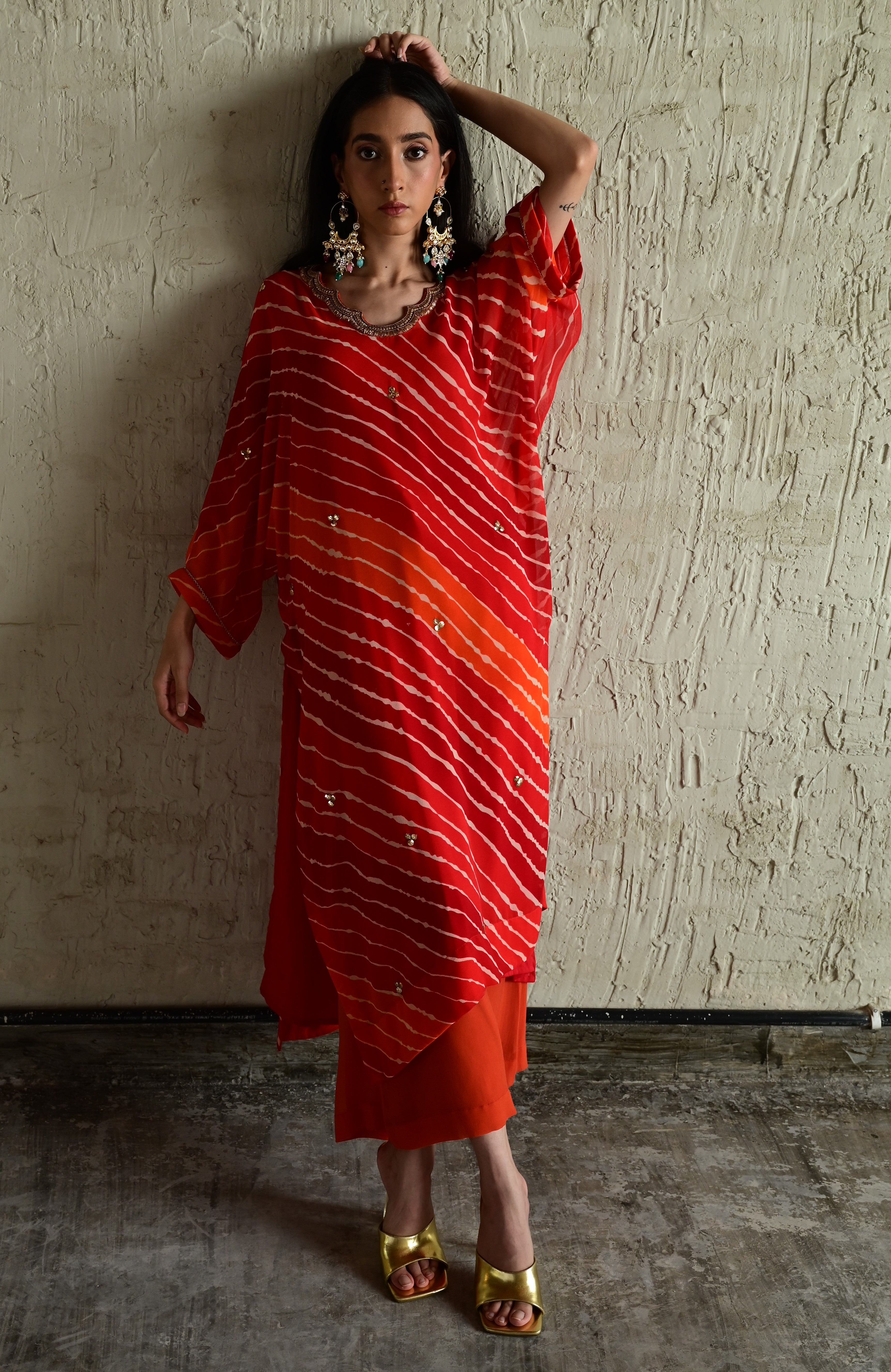 Urmila Kaftan in Orange Leheriya Georgette with Orange Flared Pant