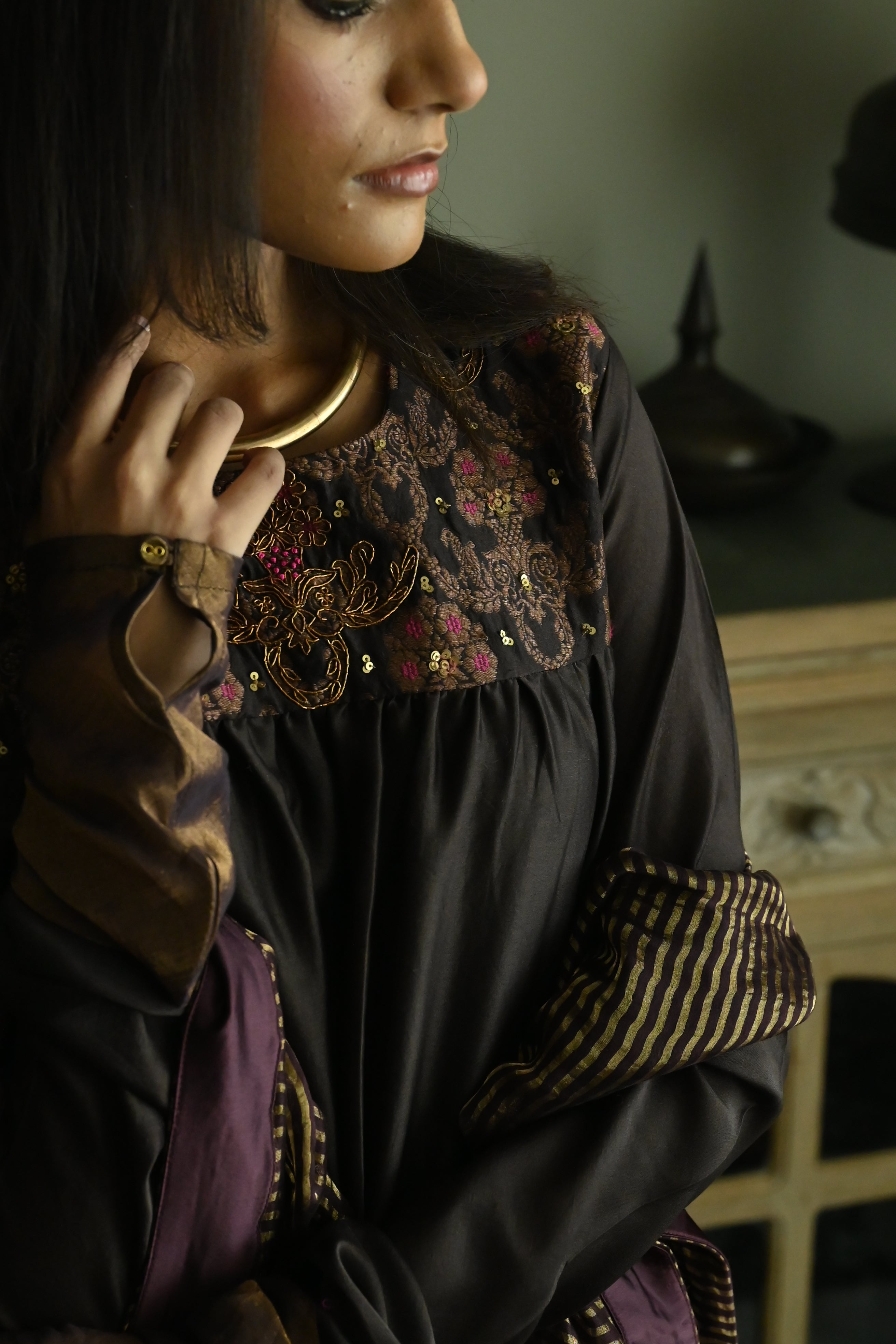 Sameena Dupatta in Plum Stripes