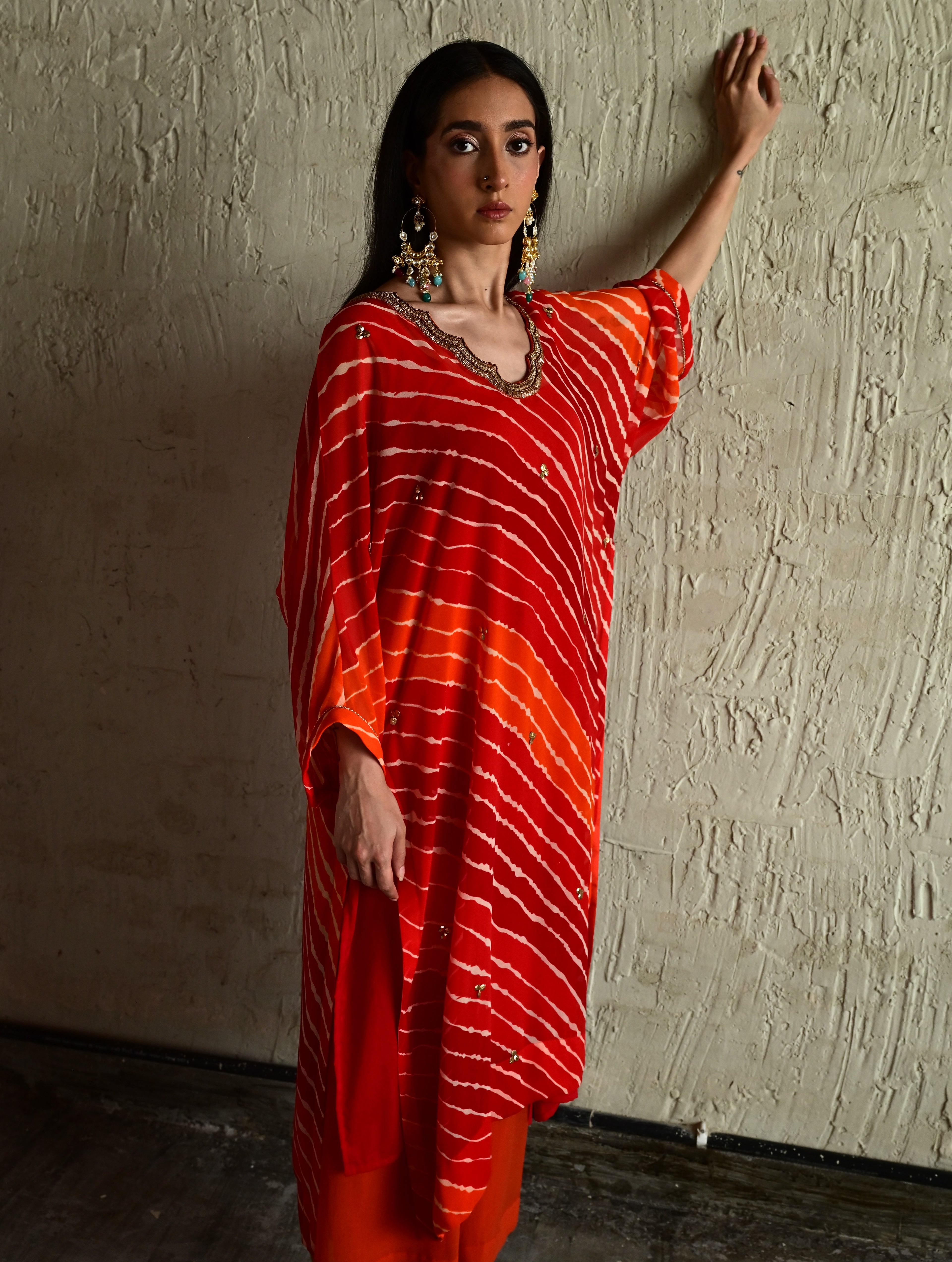 Urmila Kaftan in Orange Leheriya Georgette with Orange Flared Pant