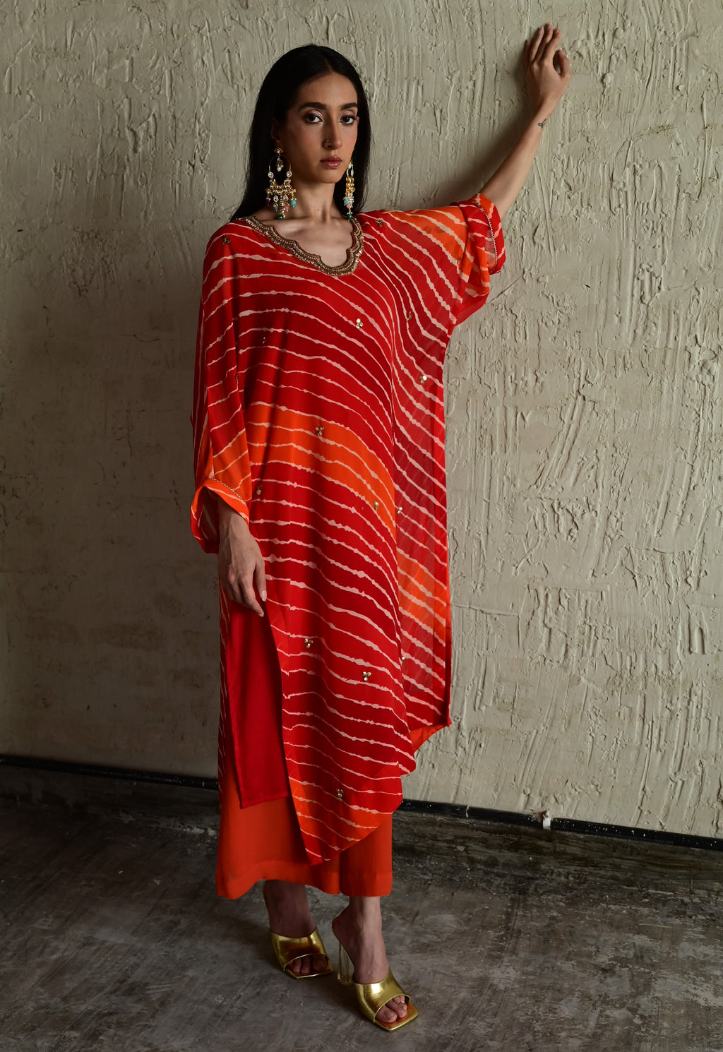 Urmila Kaftan in Orange Leheriya Georgette with Orange Flared Pant