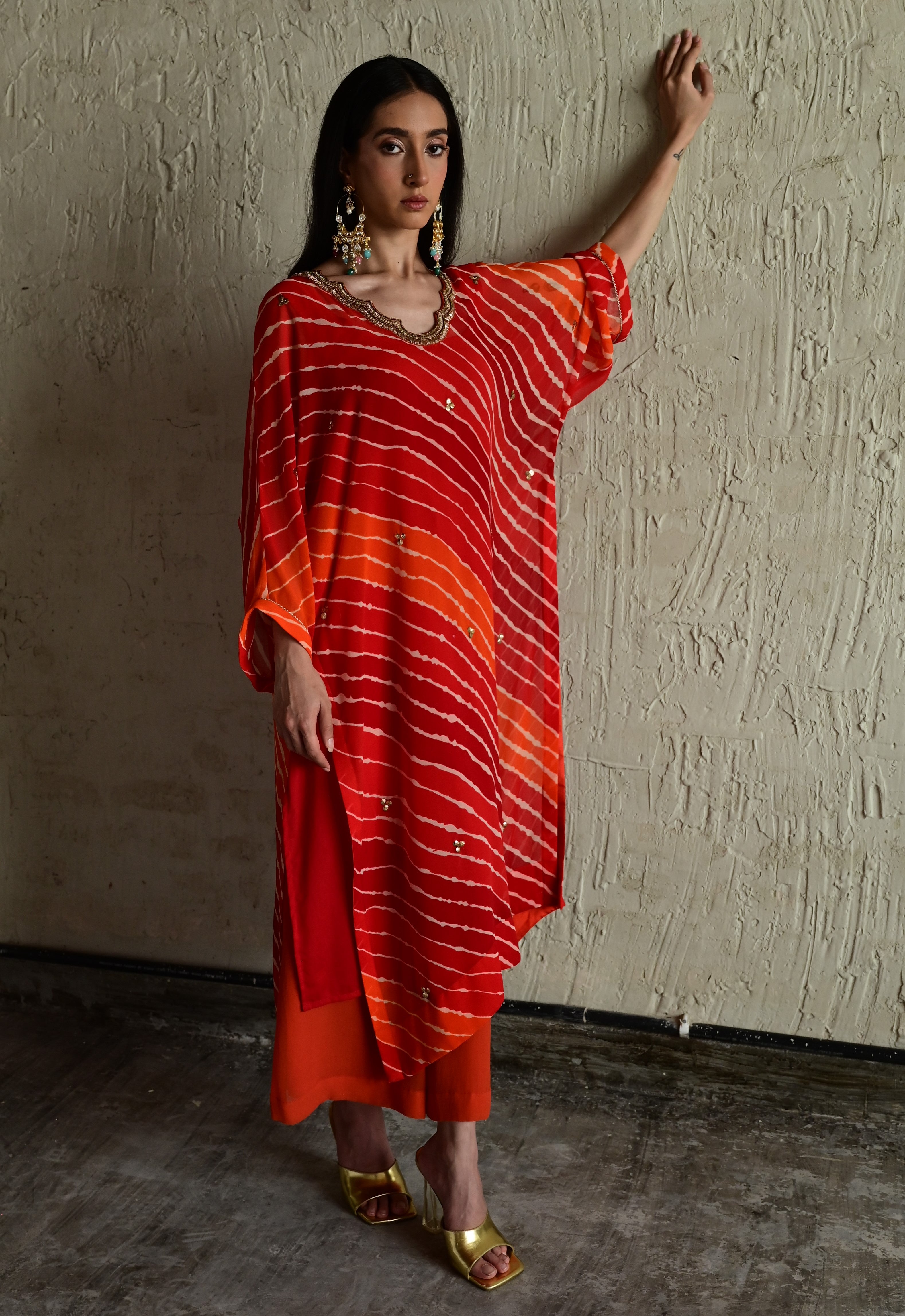 Urmila Kaftan in Orange Leheriya Georgette with Orange Flared Pant