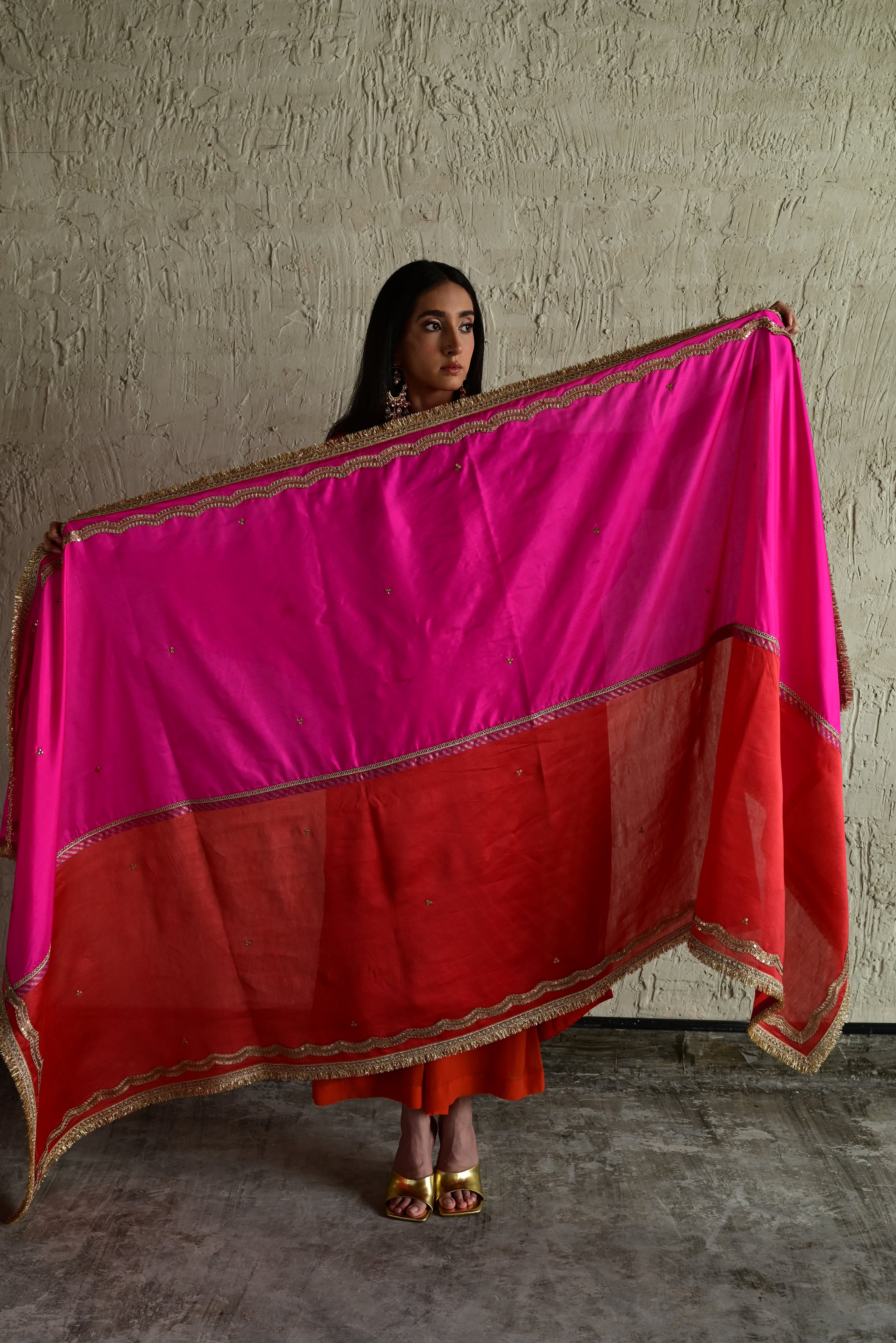 Aadha Aadha Dupatta in rani Pink and orange Silk