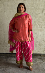 Padma Mini in Coral Pink Chanderi with Leheriya Pakhi Salwar
