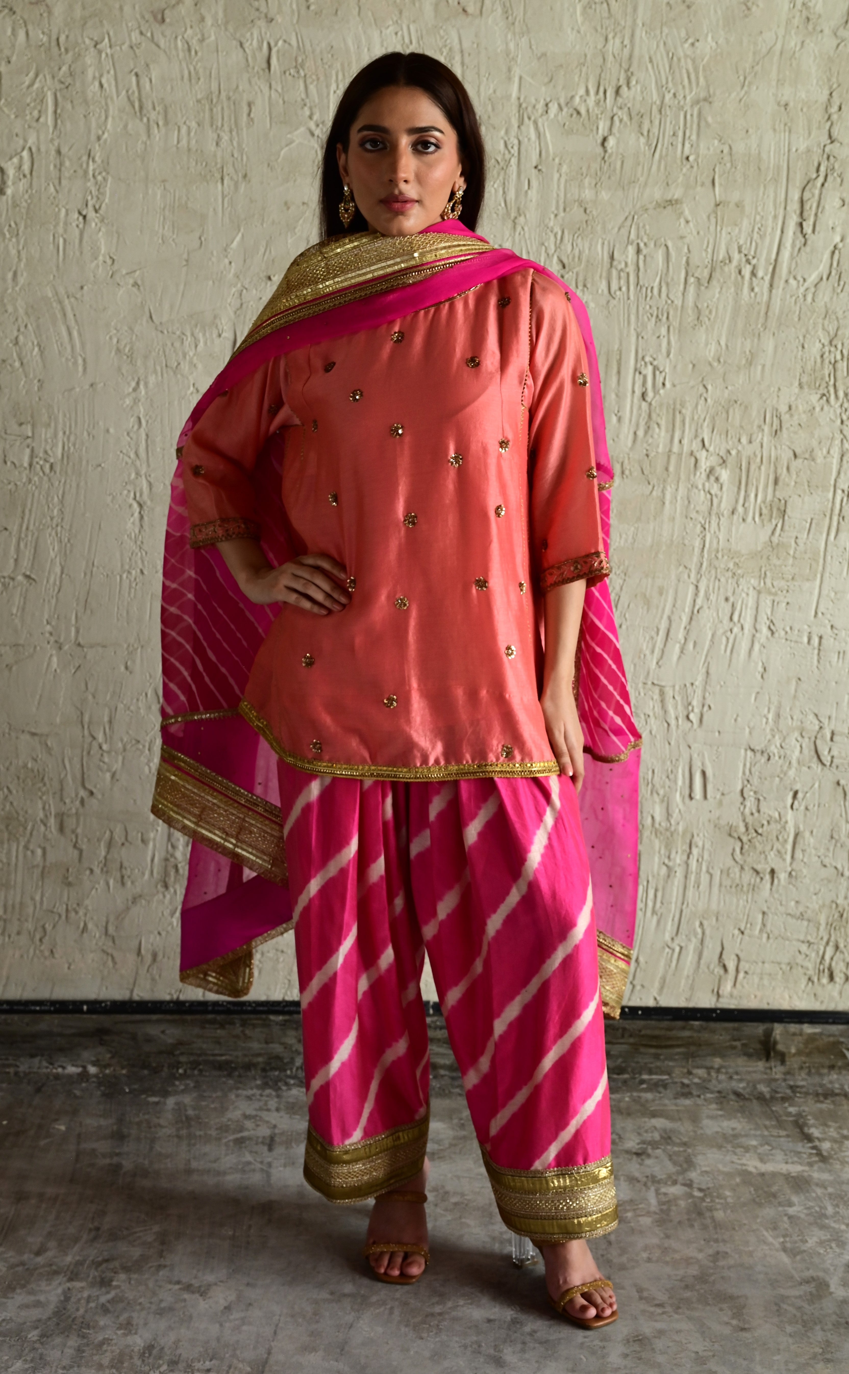 Padma Mini in Coral Pink Chanderi with Leheriya Pakhi Salwar