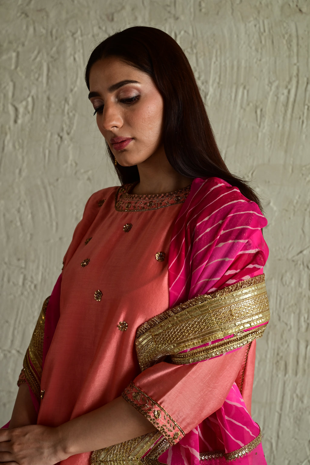 Padma Mini in Coral Pink Chanderi with Leheriya Pakhi Salwar
