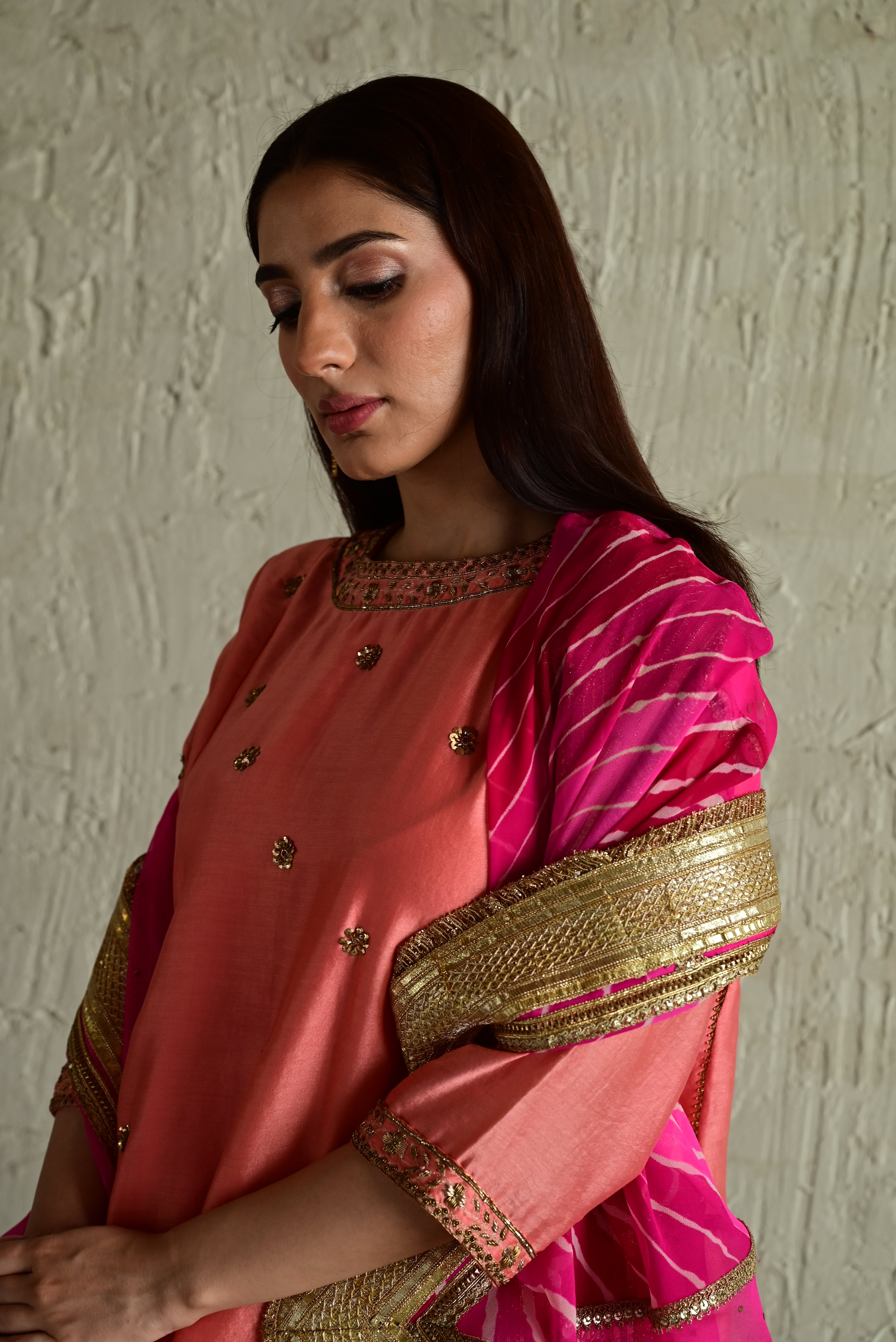 Padma Mini in Coral Pink Chanderi with Leheriya Pakhi Salwar