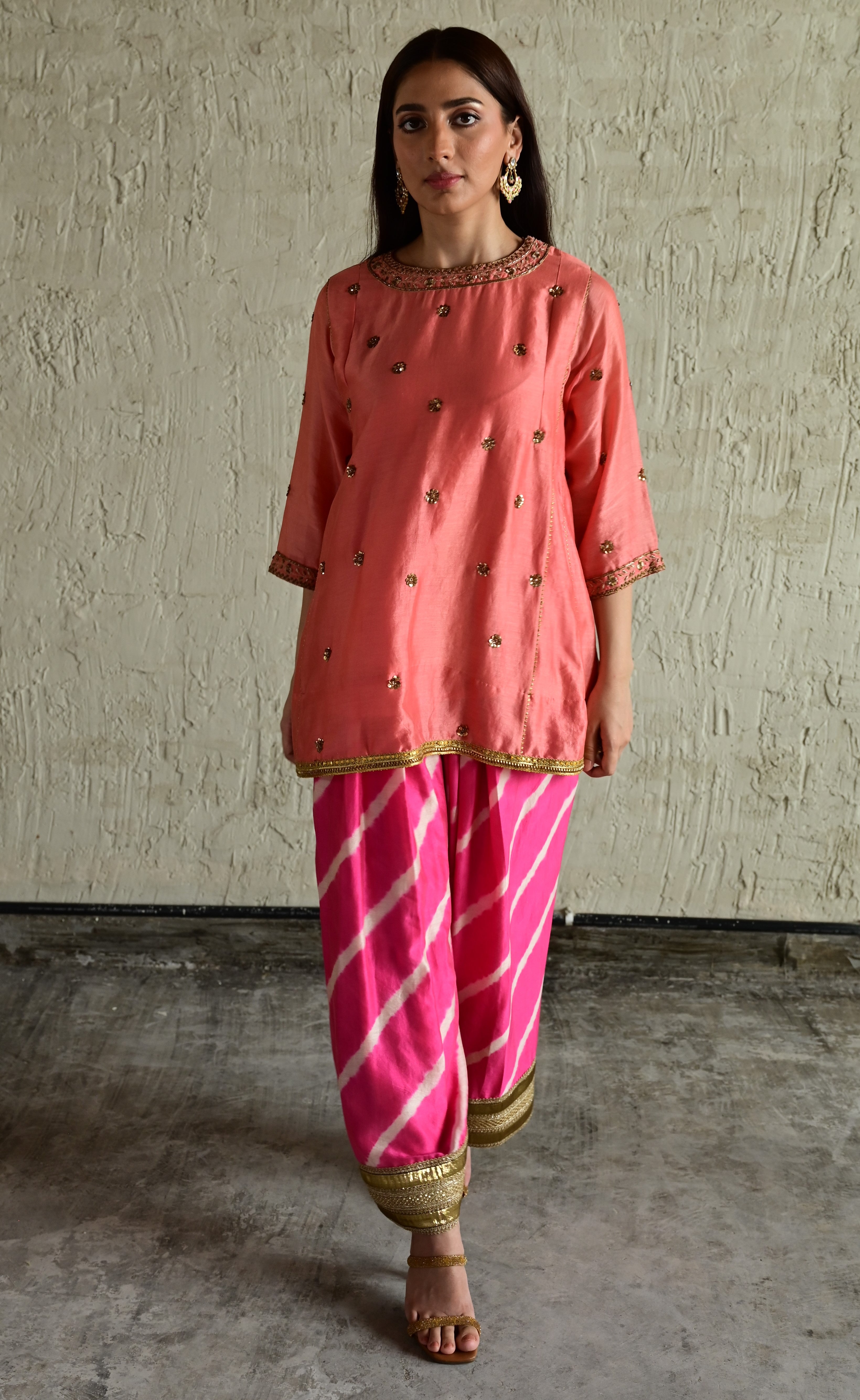 Padma Mini in Coral Pink Chanderi with Leheriya Pakhi Salwar