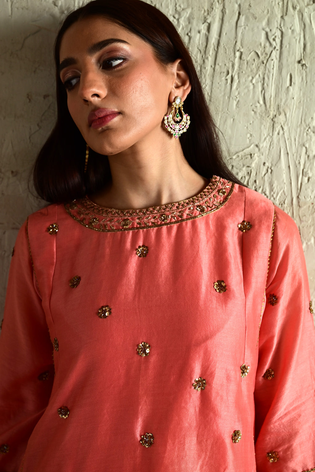 Padma Mini in Coral Pink Chanderi with Leheriya Pakhi Salwar