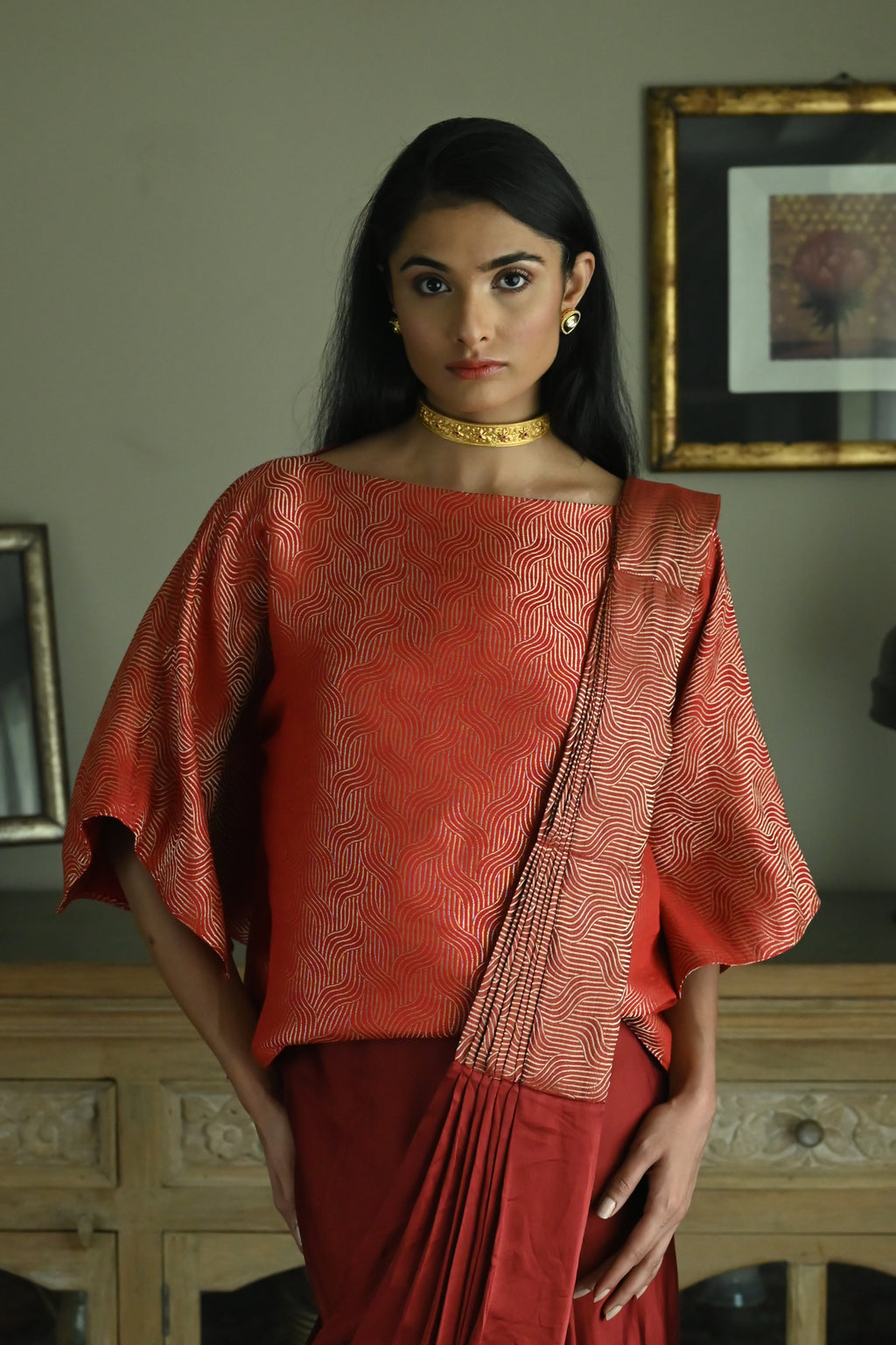 Red Satin Silk Ready-to-Wear Saree w batwing blouse