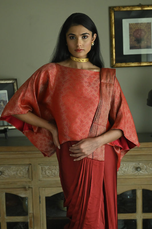 Red Satin Silk Ready-to-Wear Saree w batwing blouse