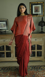 Red Satin Silk Ready-to-Wear Saree w batwing blouse