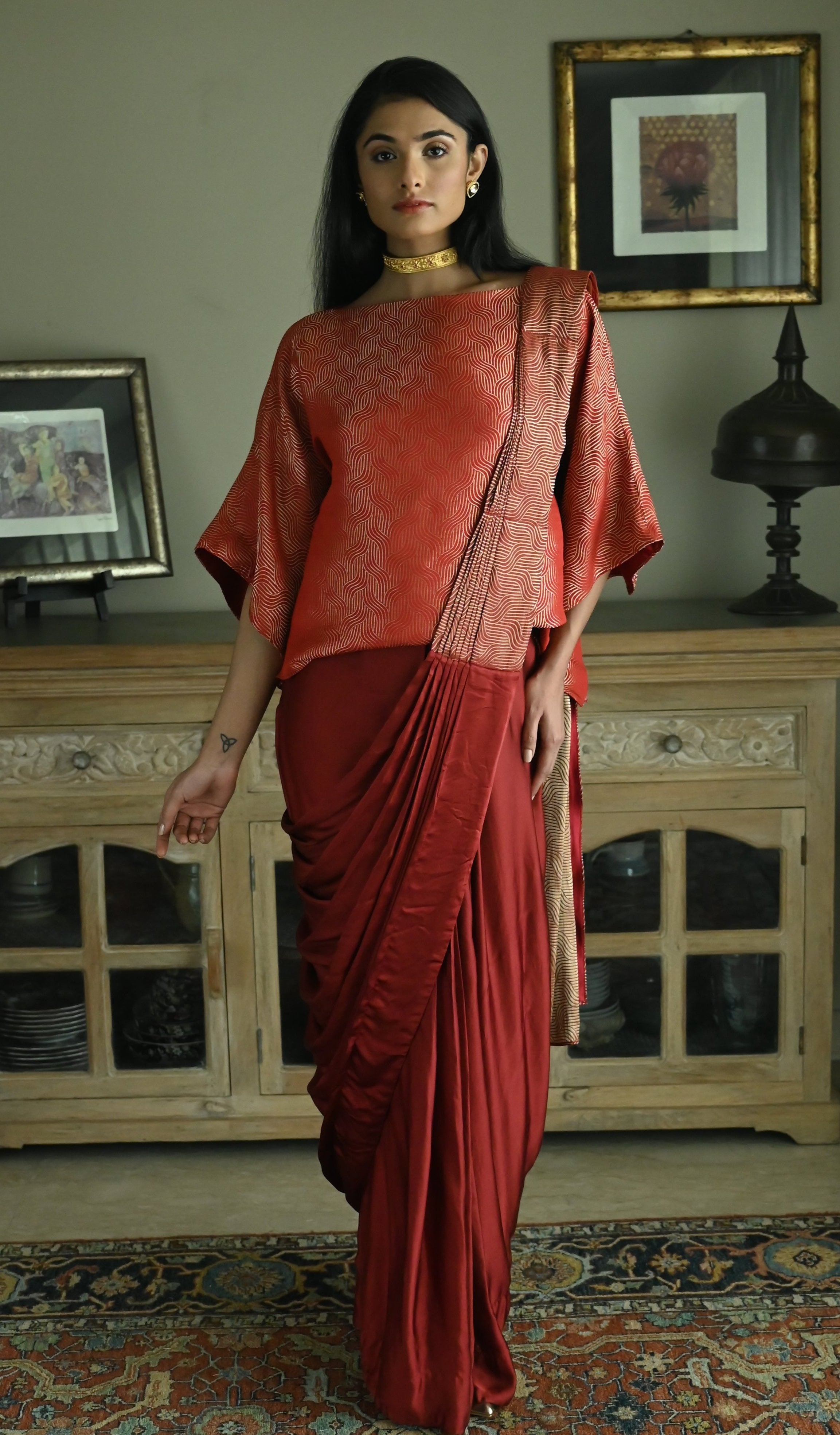 Red Satin Silk Ready-to-Wear Saree w batwing blouse
