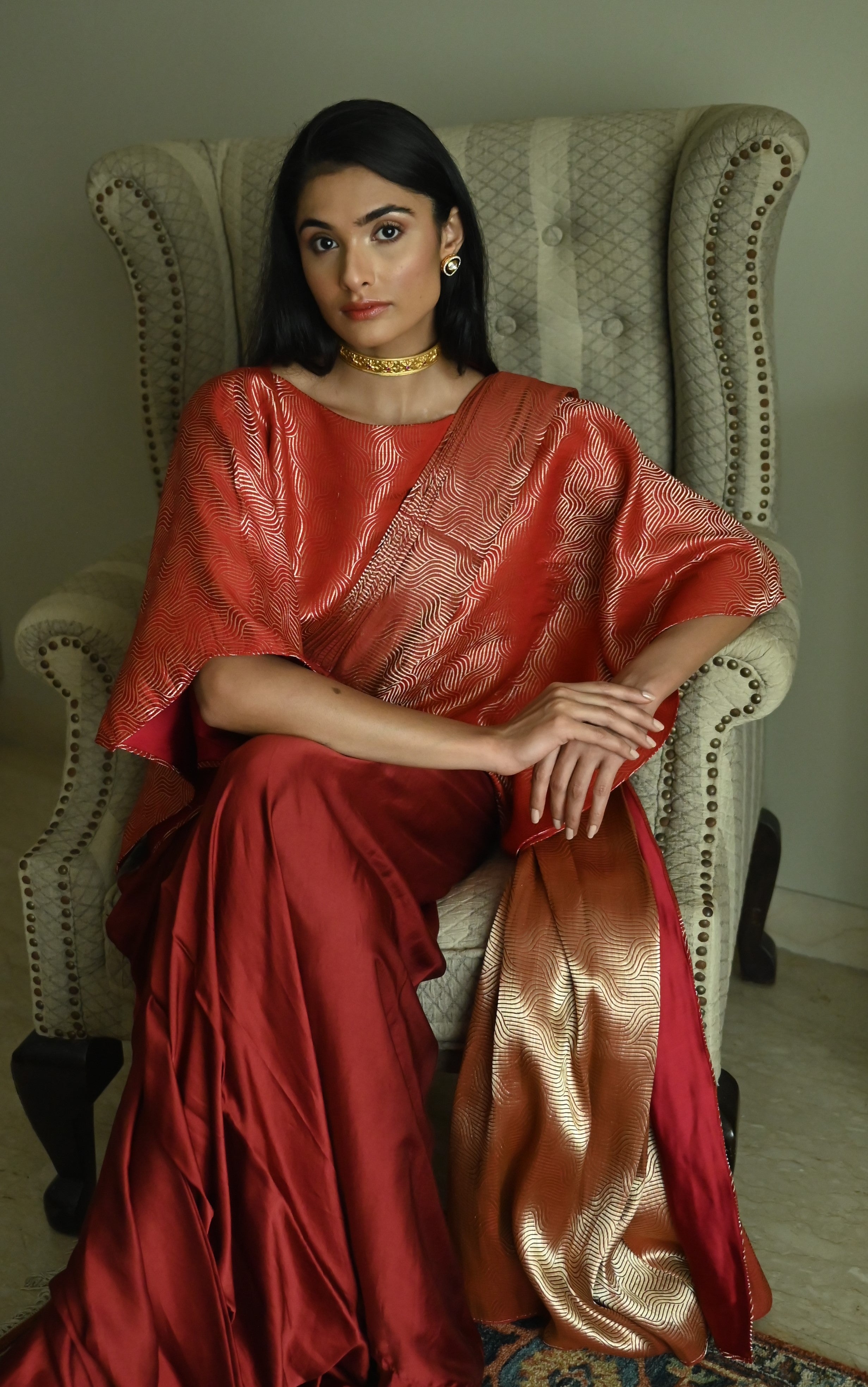 Red Satin Silk Ready-to-Wear Saree w batwing blouse
