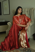 Red Satin Silk Ready-to-Wear Saree w batwing blouse