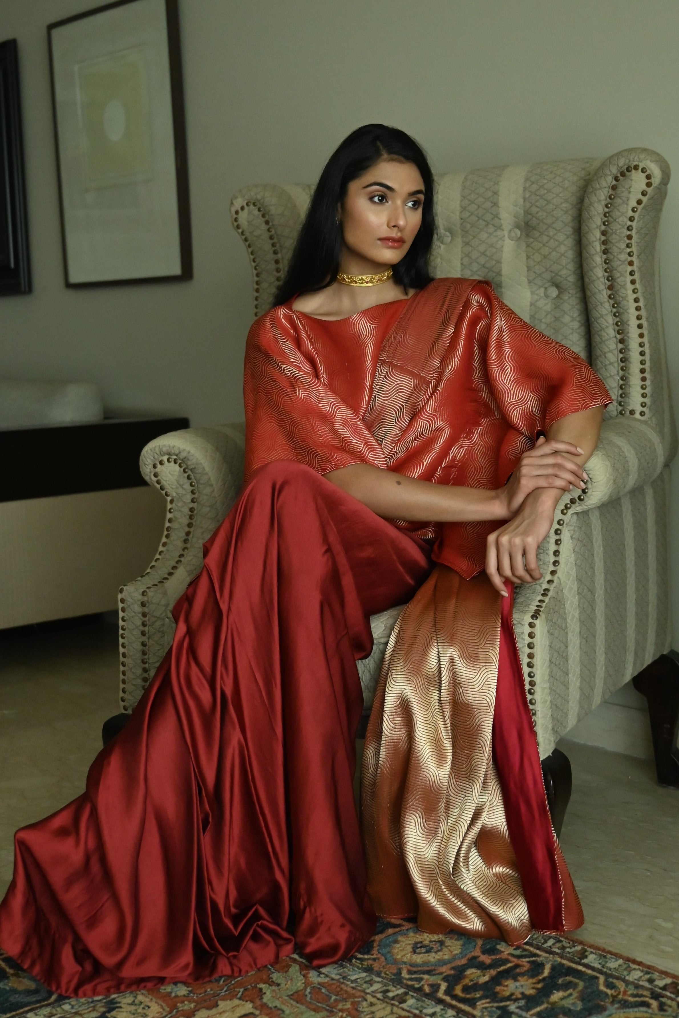 Red Satin Silk Ready-to-Wear Saree w batwing blouse