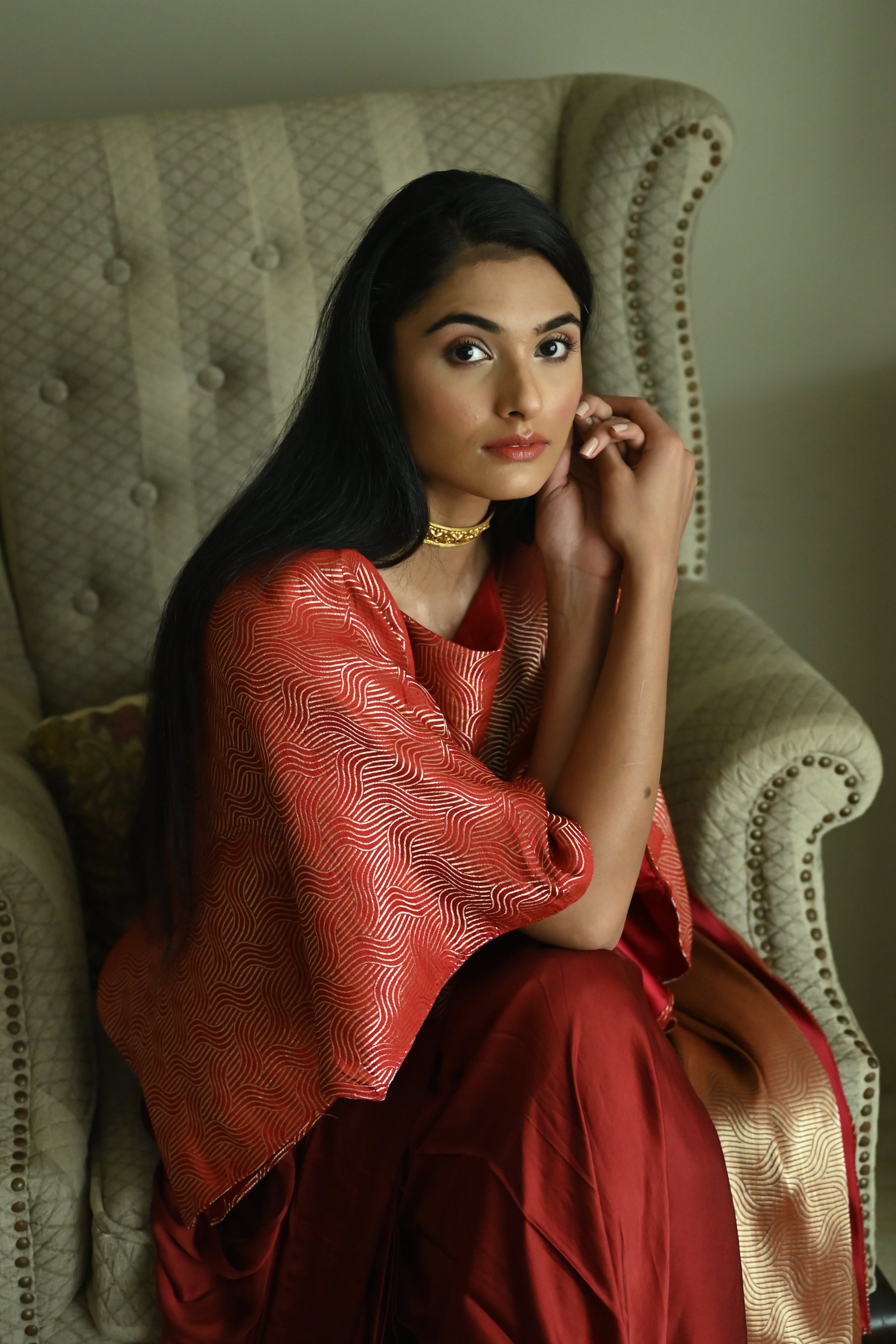 Red Satin Silk Ready-to-Wear Saree w batwing blouse