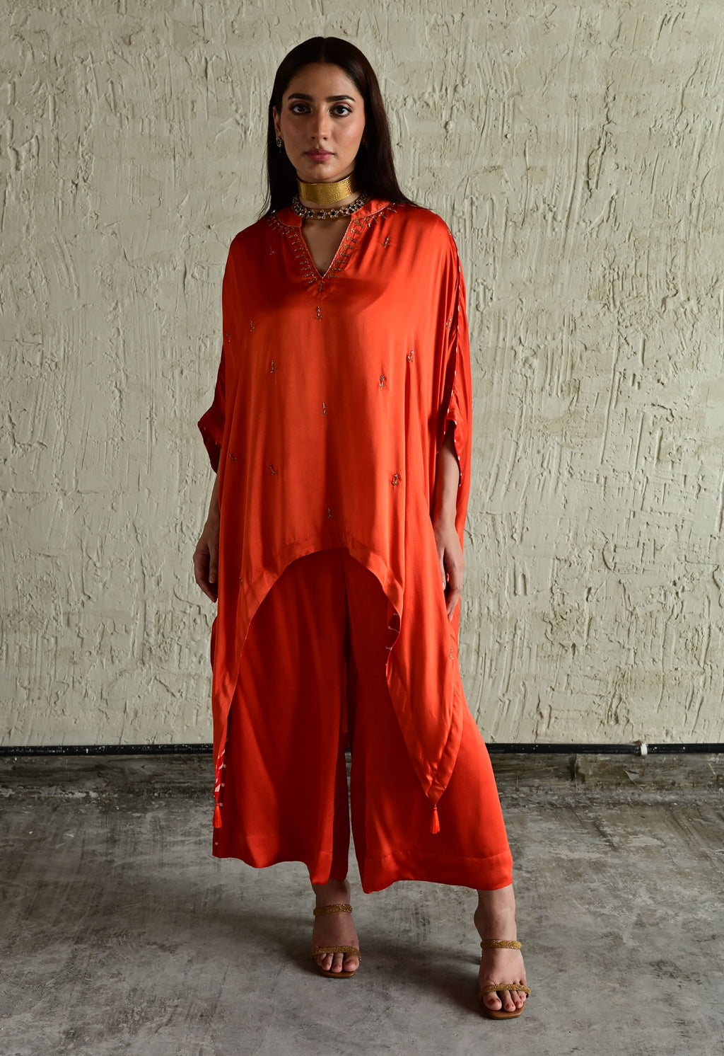 Shazia Ooch Neech Kaftan in Orange silk with Flared Pant in Orange Silk