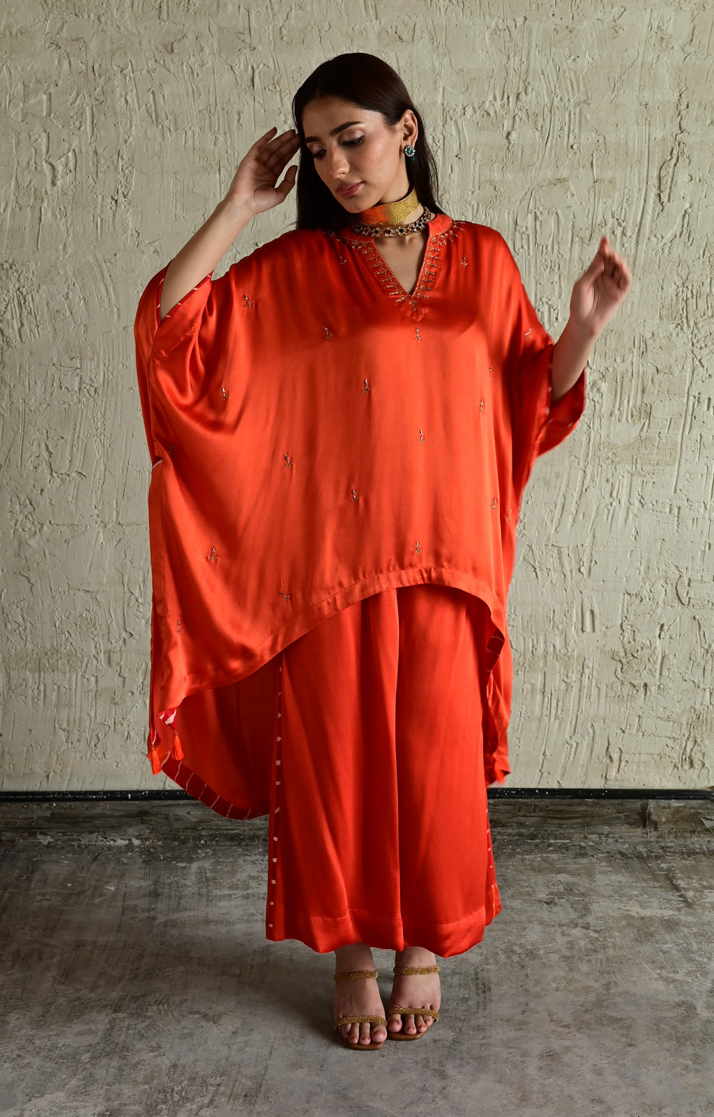 Shazia Ooch Neech Kaftan in Orange silk with Flared Pant in Orange Silk