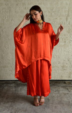 Shazia Ooch Neech Kaftan in Orange silk with Flared Pant in Orange Silk