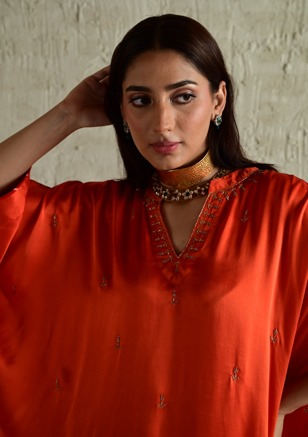 Shazia Ooch Neech Kaftan in Orange silk with Flared Pant in Orange Silk