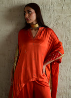 Shazia Ooch Neech Kaftan in Orange silk with Flared Pant in Orange Silk