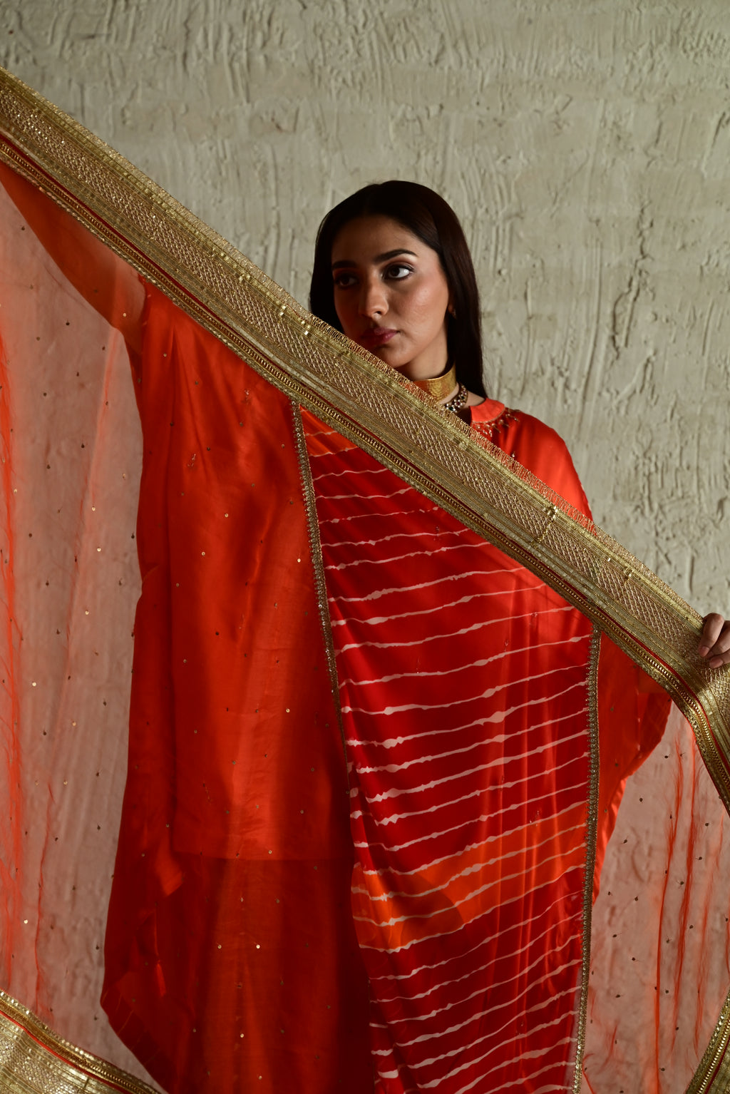Urmila Leheriya Diagonal Dupatta in Orange