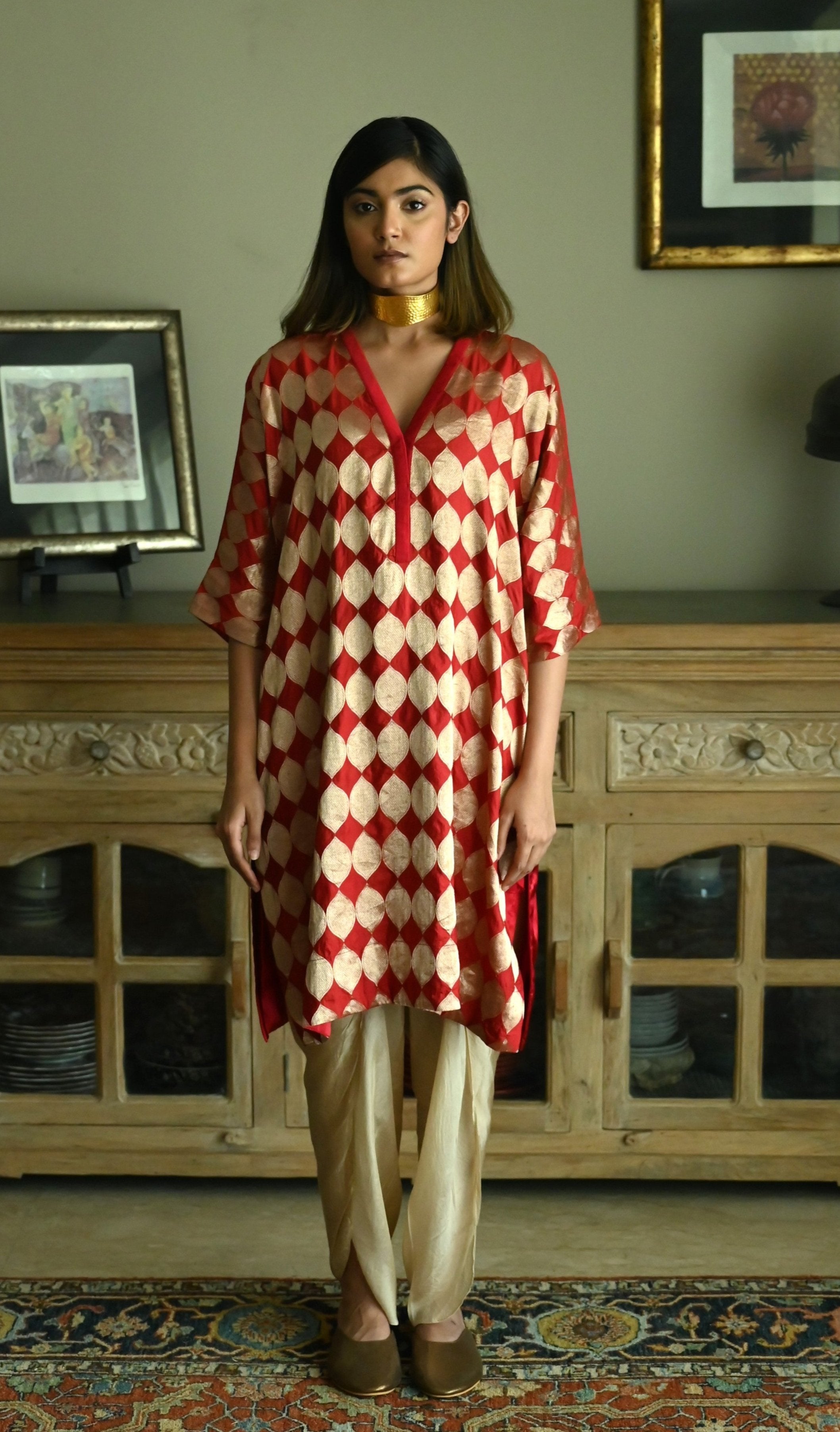 Shahi Kaftan in Red Brocade with Chai Beige Nandini Dhoti