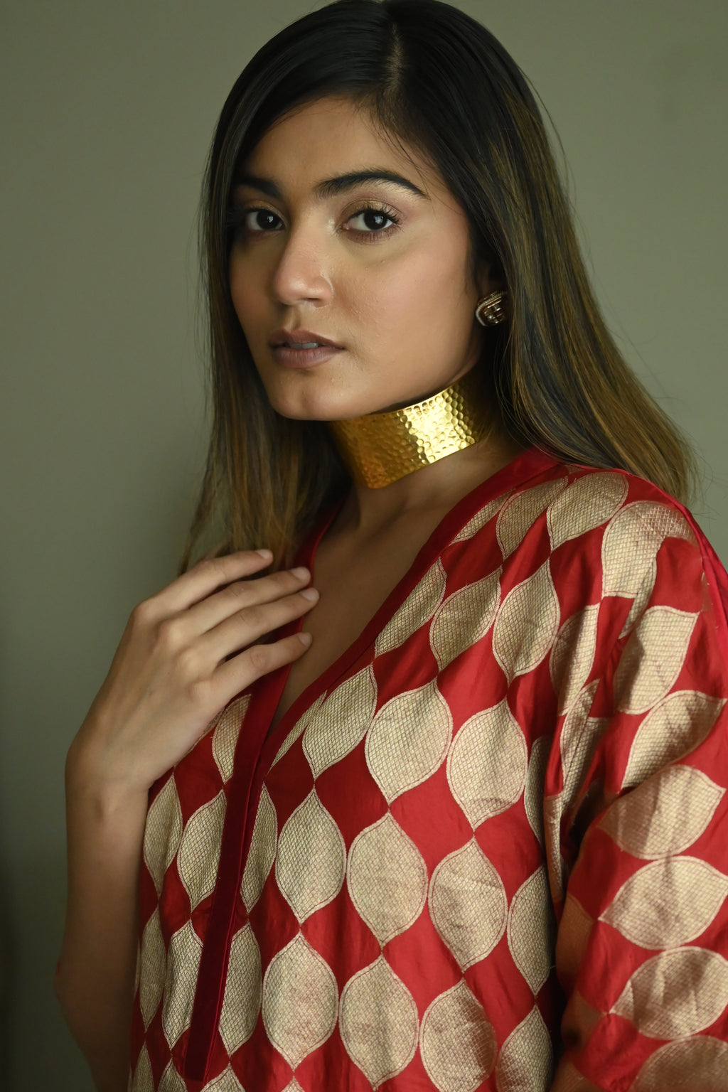 Shahi Kaftan in Red Brocade with Chai Beige Nandini Dhoti