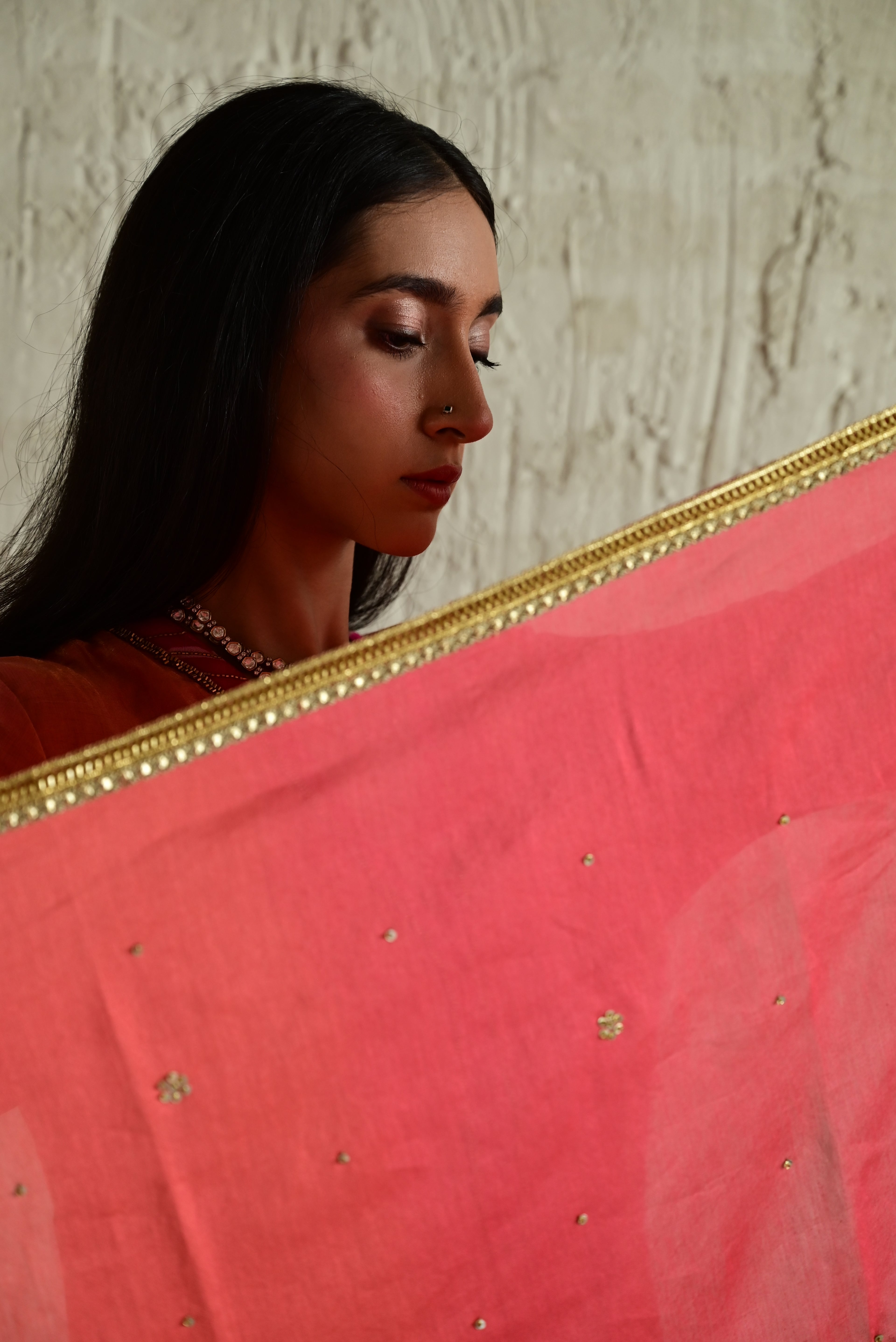 Ghevar ombre Dupatta in Coral Pink  Chanderi