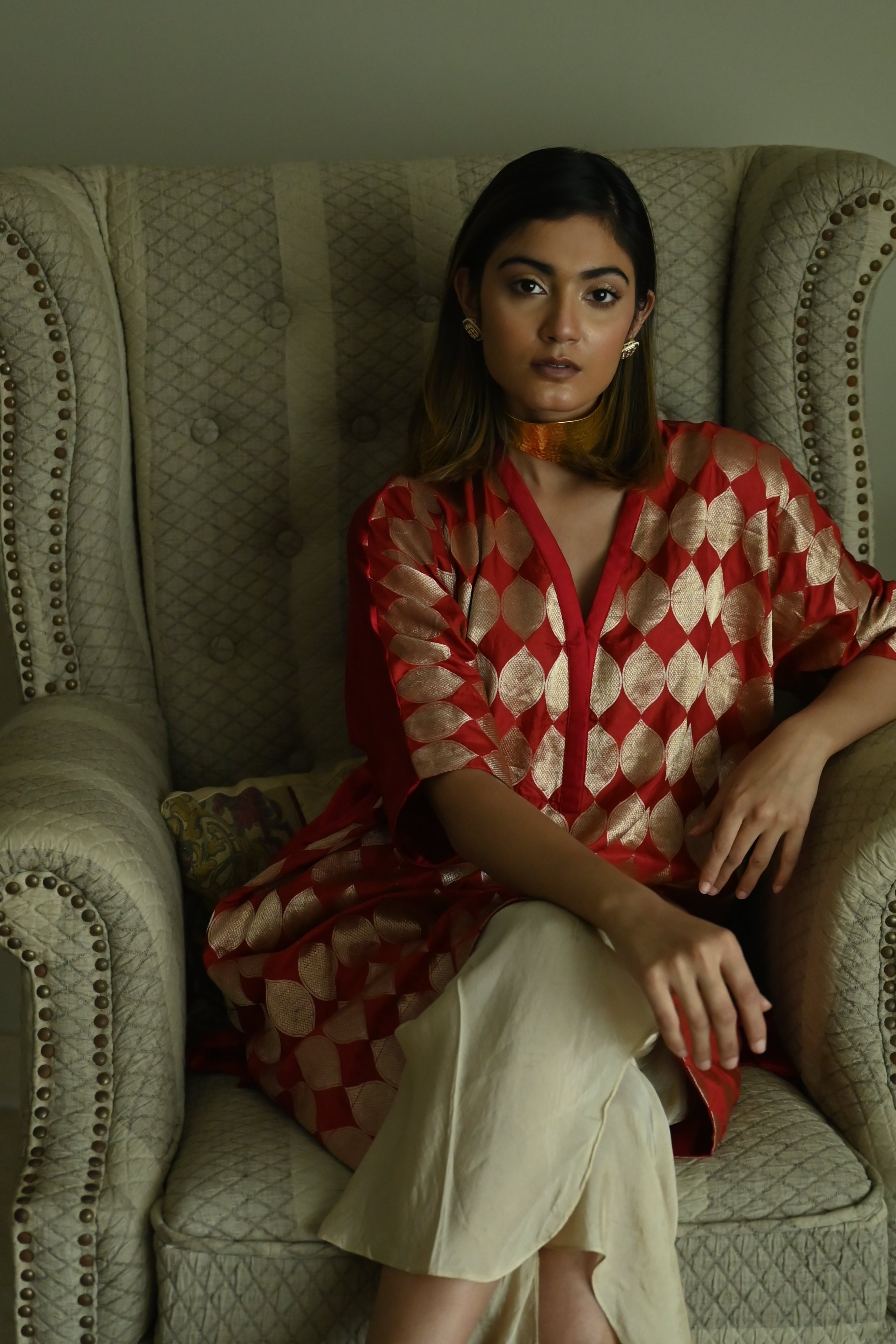 Shahi Kaftan in Red Brocade with Chai Beige Nandini Dhoti