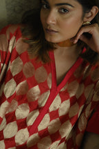 Shahi Kaftan in Red Brocade with Chai Beige Nandini Dhoti