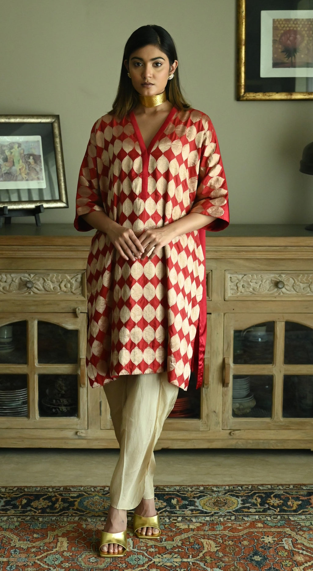 Shahi Kaftan in Red Brocade with Chai Beige Nandini Dhoti